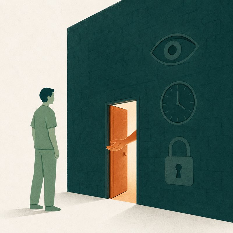 Illustration: a clinician facing a wall marked with an eye, a clock, and a padlock, with an open door and a welcoming hand